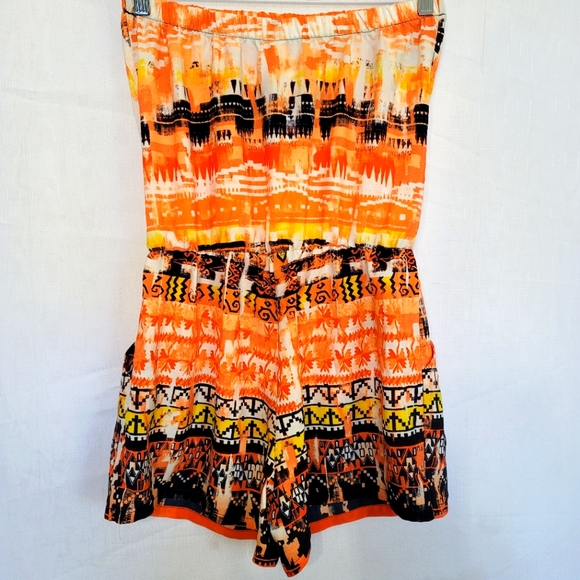 Tyche Orange & Black Aztec Pattern M Strapless Romper Medium - Picture 2 of 3